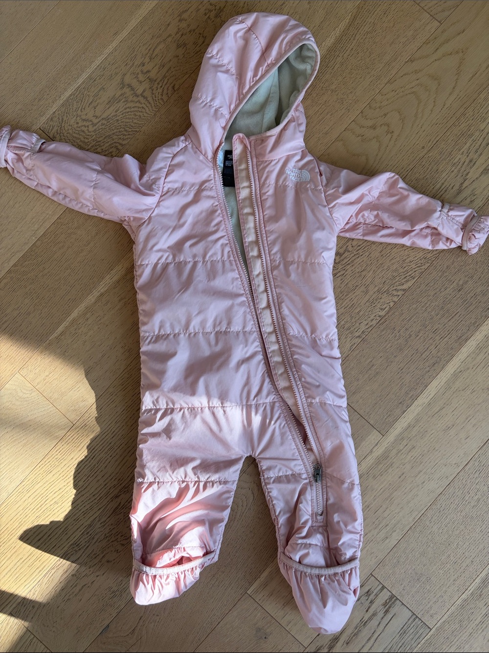 The North Face Light Pink Hooded Infant One-Piece Footie Snowsuit 18-24mo
